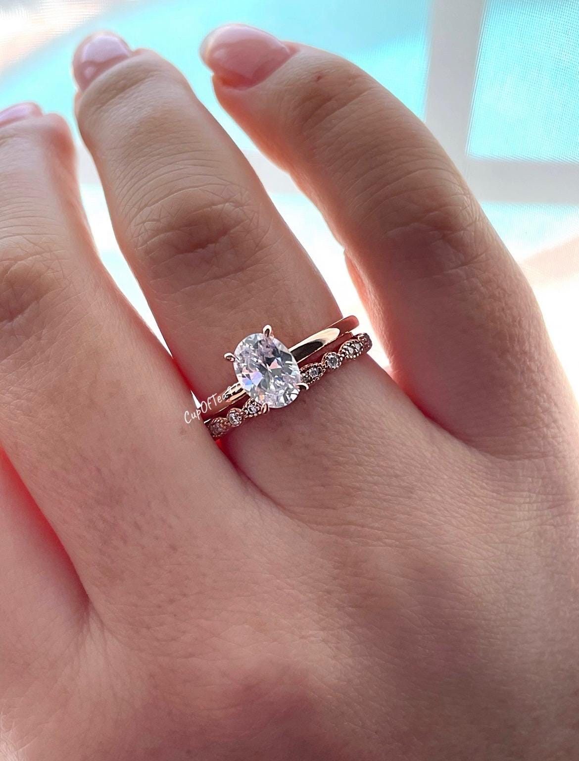 Moissanite bridal ring set with 1.5CT oval cut Solitare engagement ring and art deco band in silver 925, yellow gold, rose gold
