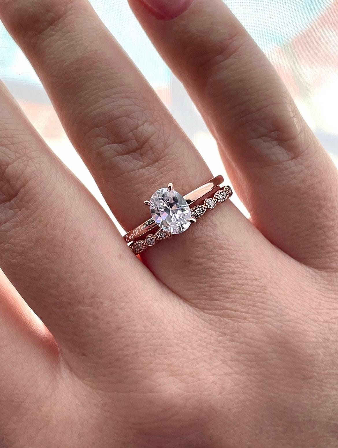 Moissanite bridal ring set with 1.5CT oval cut Solitare engagement ring and art deco band in silver 925, yellow gold, rose gold