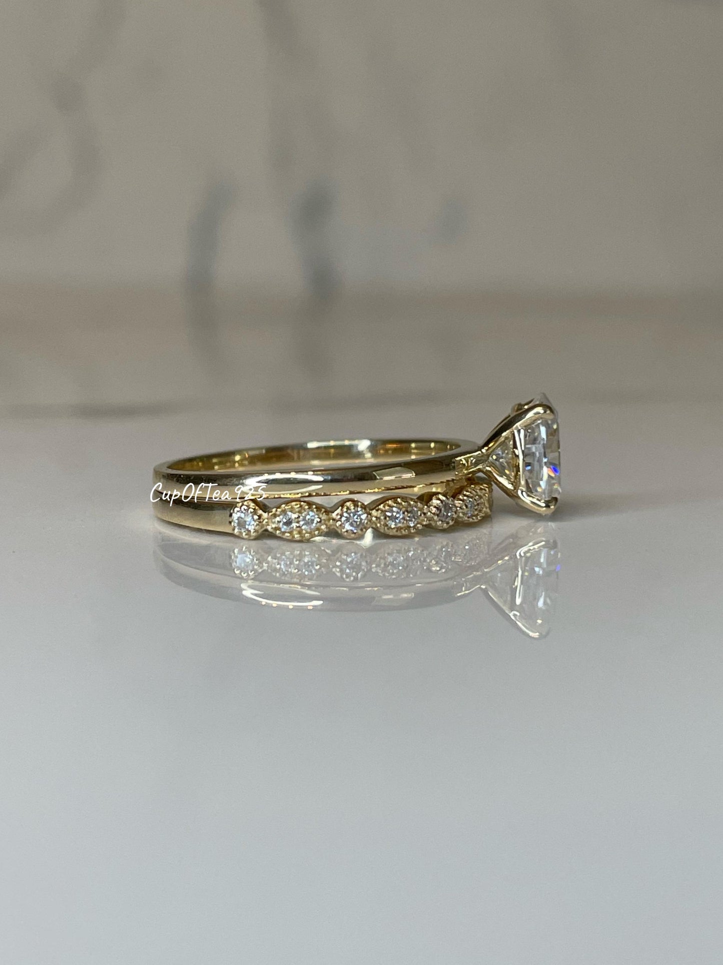 Moissanite engagement ring set. 10K, 14K gold bridal set with 1.5CT oval cut moissanite and half eternity art deco moissanite band