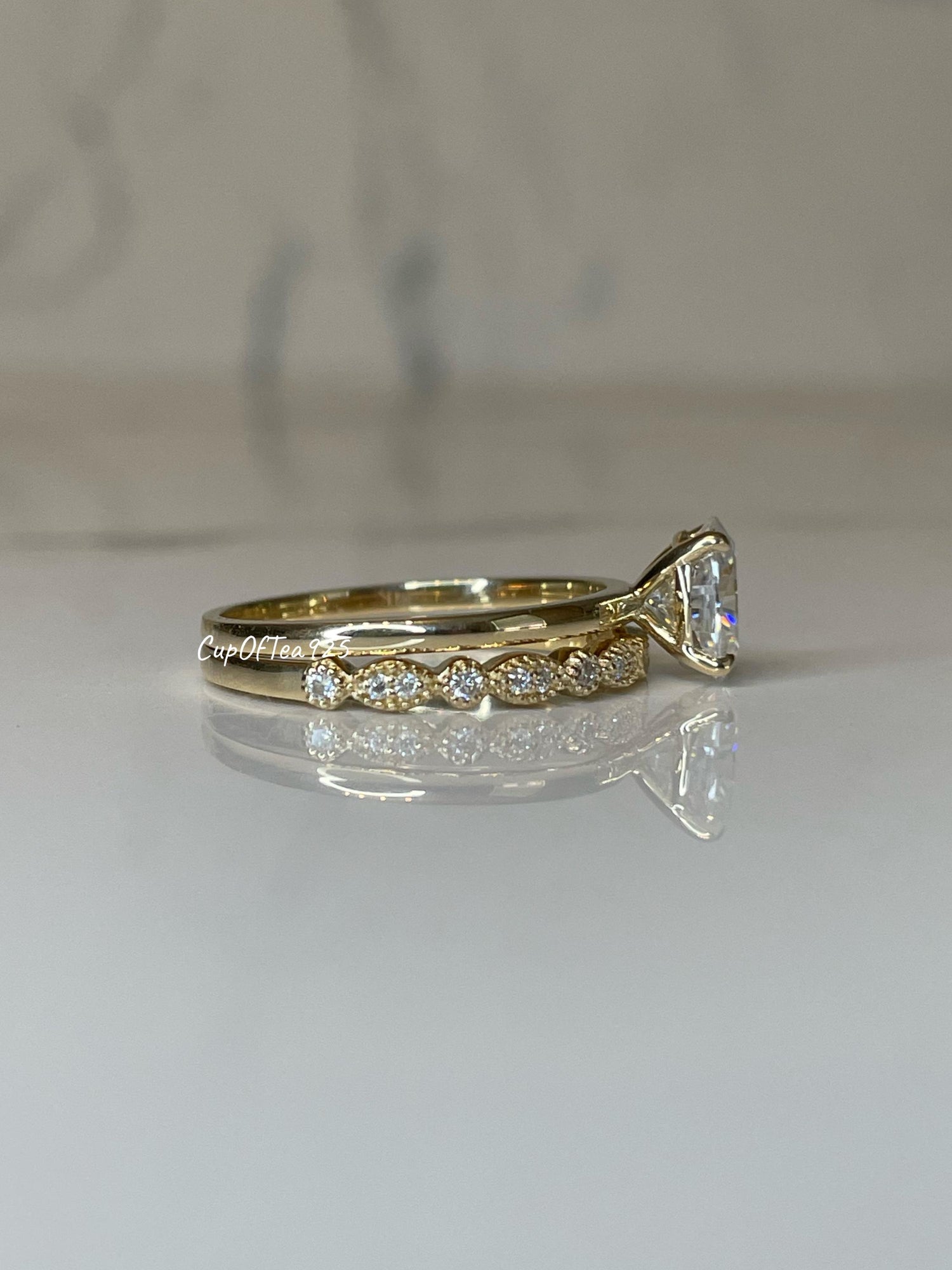 Moissanite engagement ring set. 10K, 14K gold bridal set with 1.5CT oval cut moissanite and half eternity art deco moissanite band