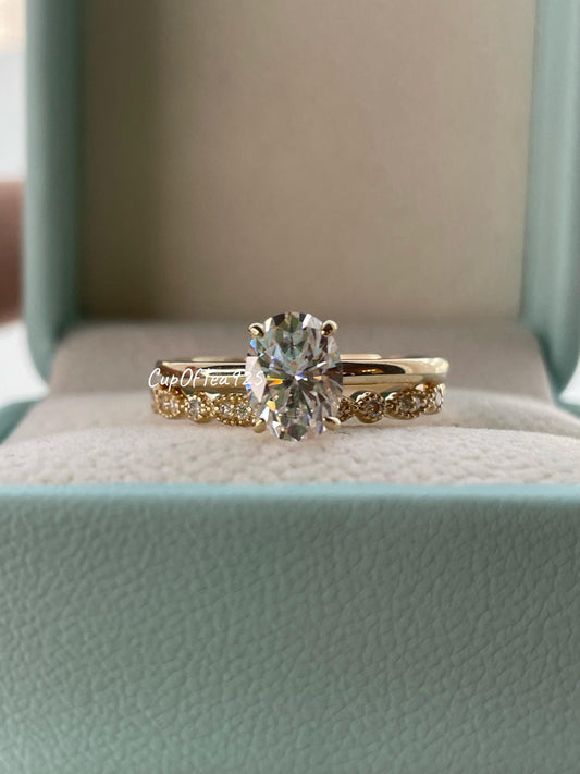 Moissanite engagement ring set. 10K, 14K gold bridal set with 1.5CT oval cut moissanite and half eternity art deco moissanite band