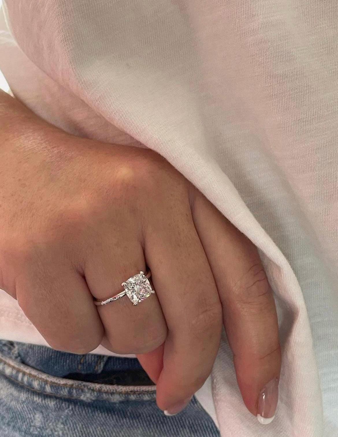 The Layla. 10K, 14K, 18K Gold, 2.5CT Cushion Cut Engagement Ring with D VVS clear Moissanite