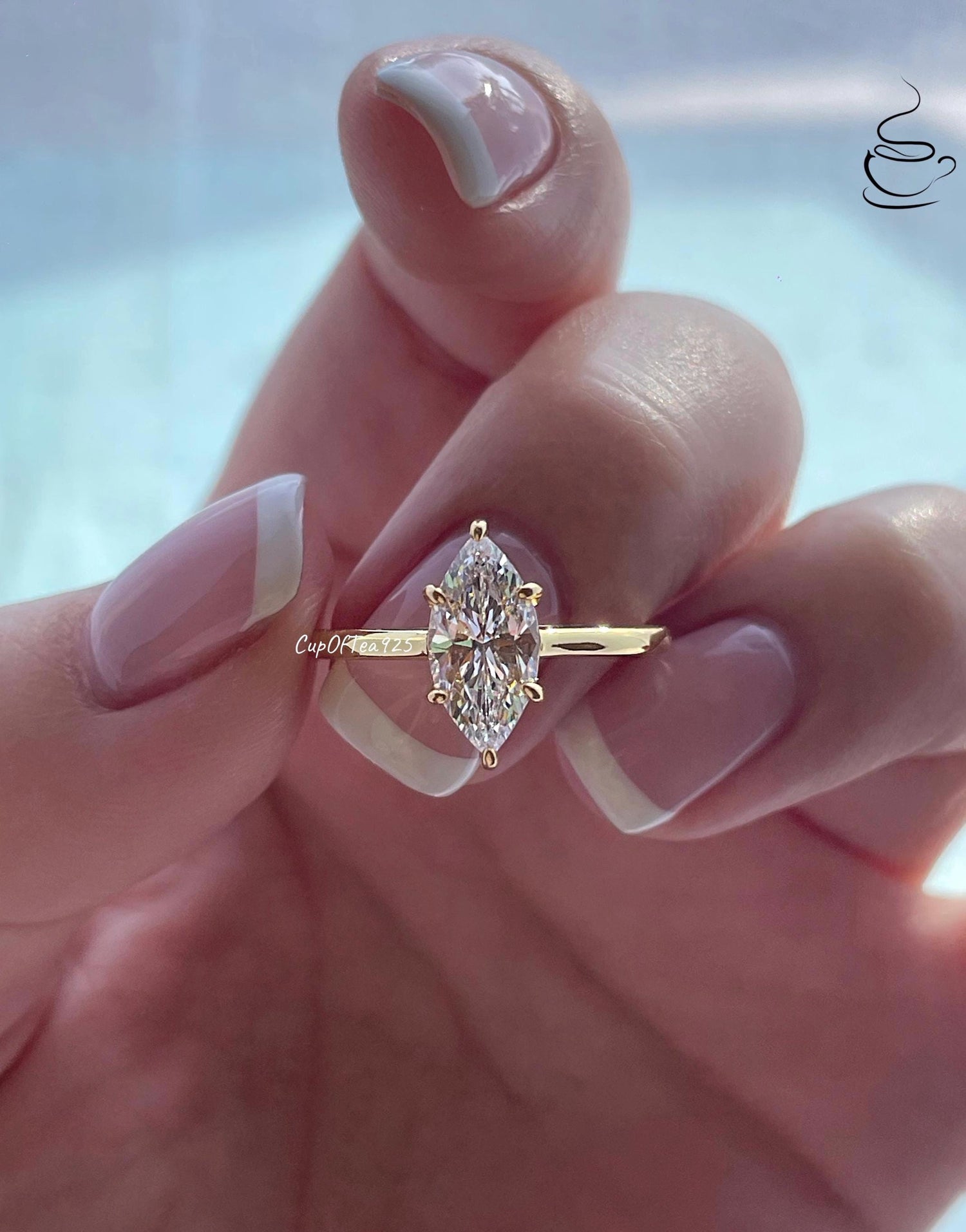 Marquise cut moissanite ring, Sterling Silver 925, Yellow gold over sterling silver engagement ring with 1.5CT-2CT 6A CZ or moissanite