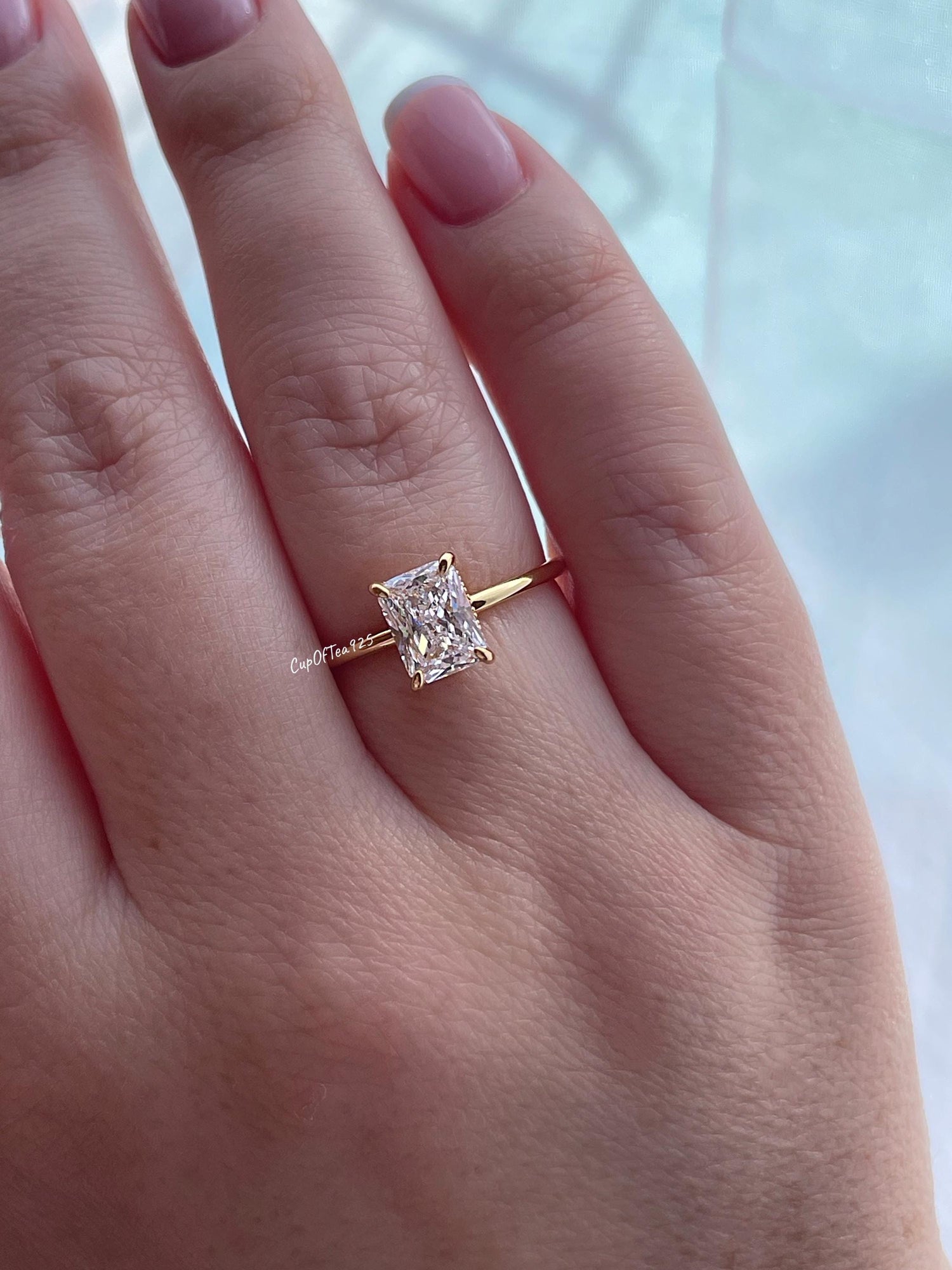 Hidden Halo. Yellow gold vermeil, Sterling Silver 925 engagement ring with 2CT 3CT radiant cut and hidden halo, radiant cut ring