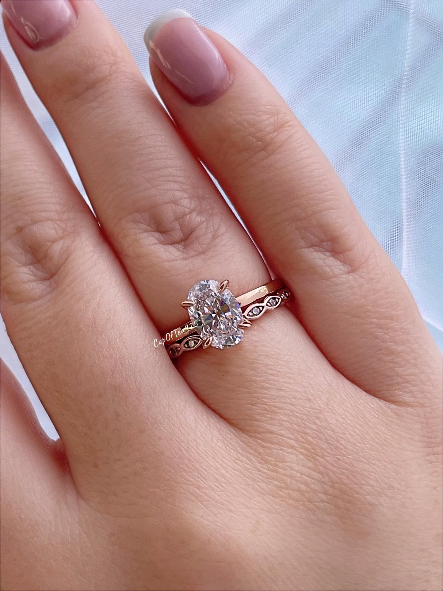Rose Gold, yellow gold Vermeil Oval CZ Engagement Ring Set, Sterling Silver Hidden Halo