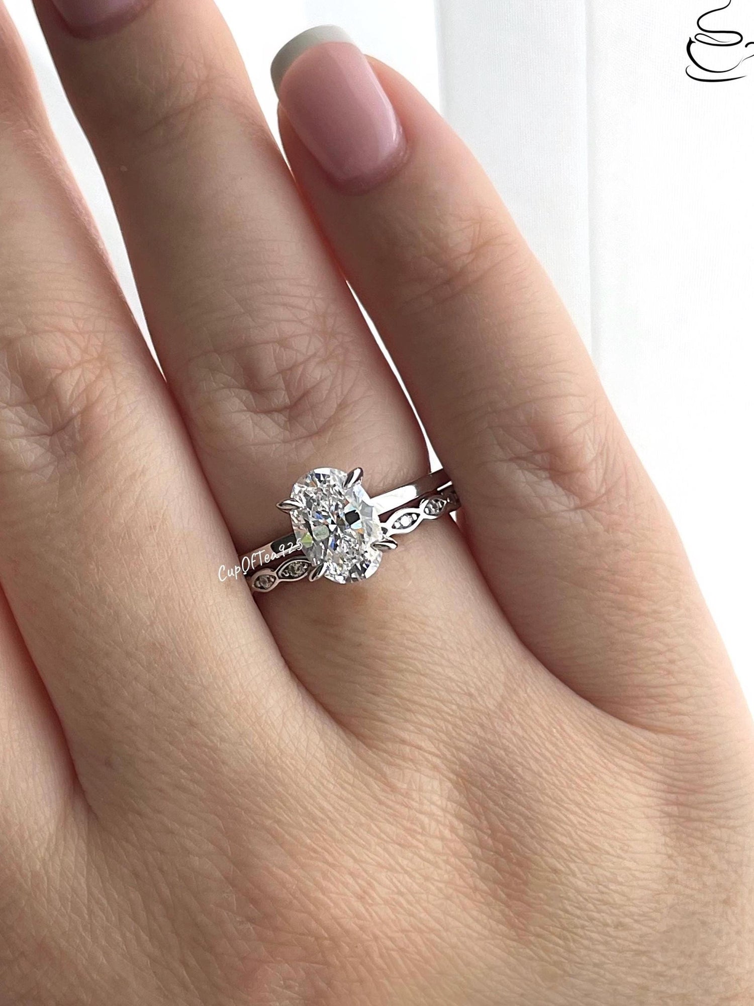 Rose Gold, yellow gold Vermeil Oval CZ Engagement Ring Set, Sterling Silver Hidden Halo