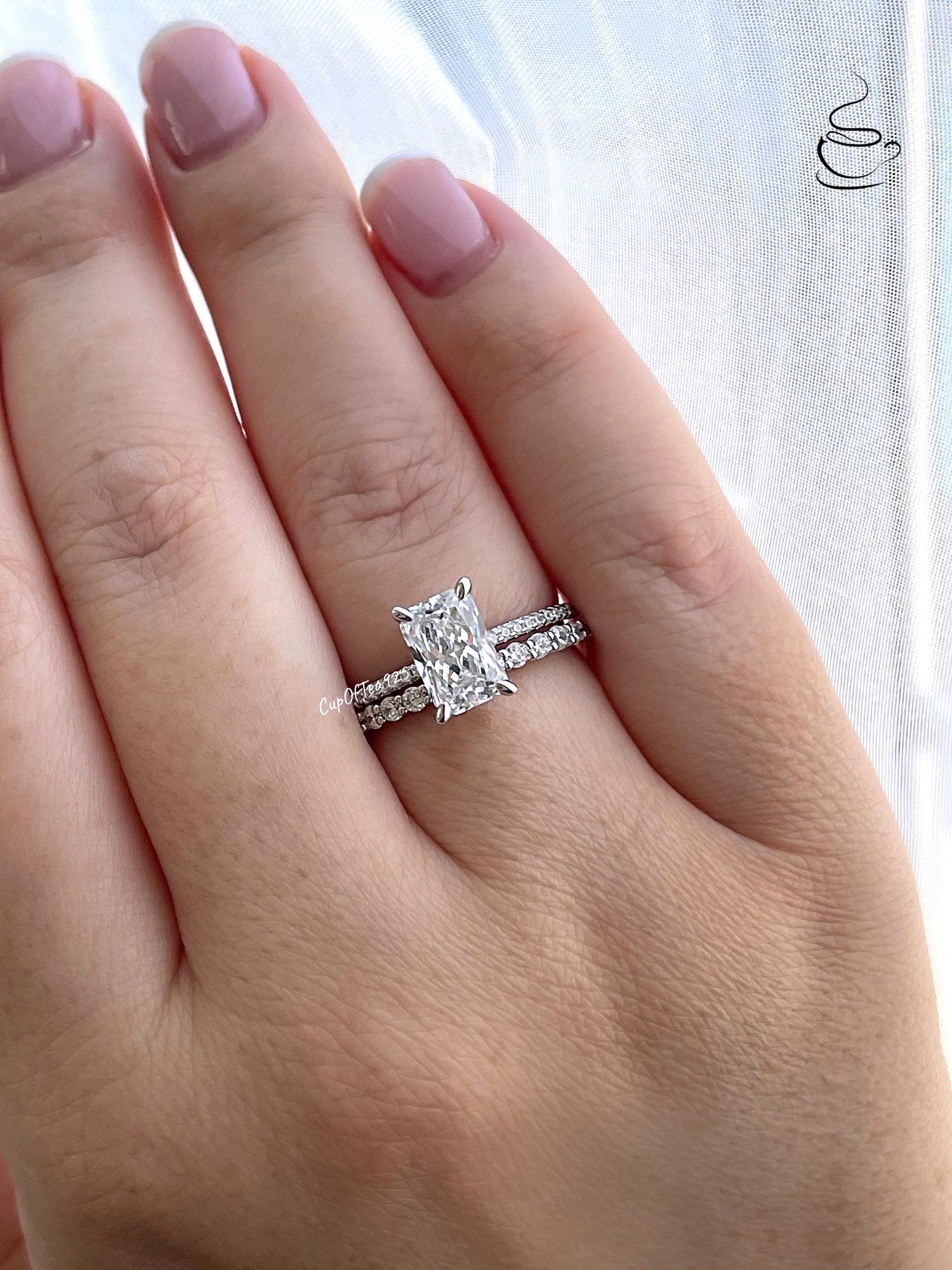 Radiant Cut CZ Engagement Ring Set: Sterling Silver, Yellow Gold Vermeil, Hidden Halo