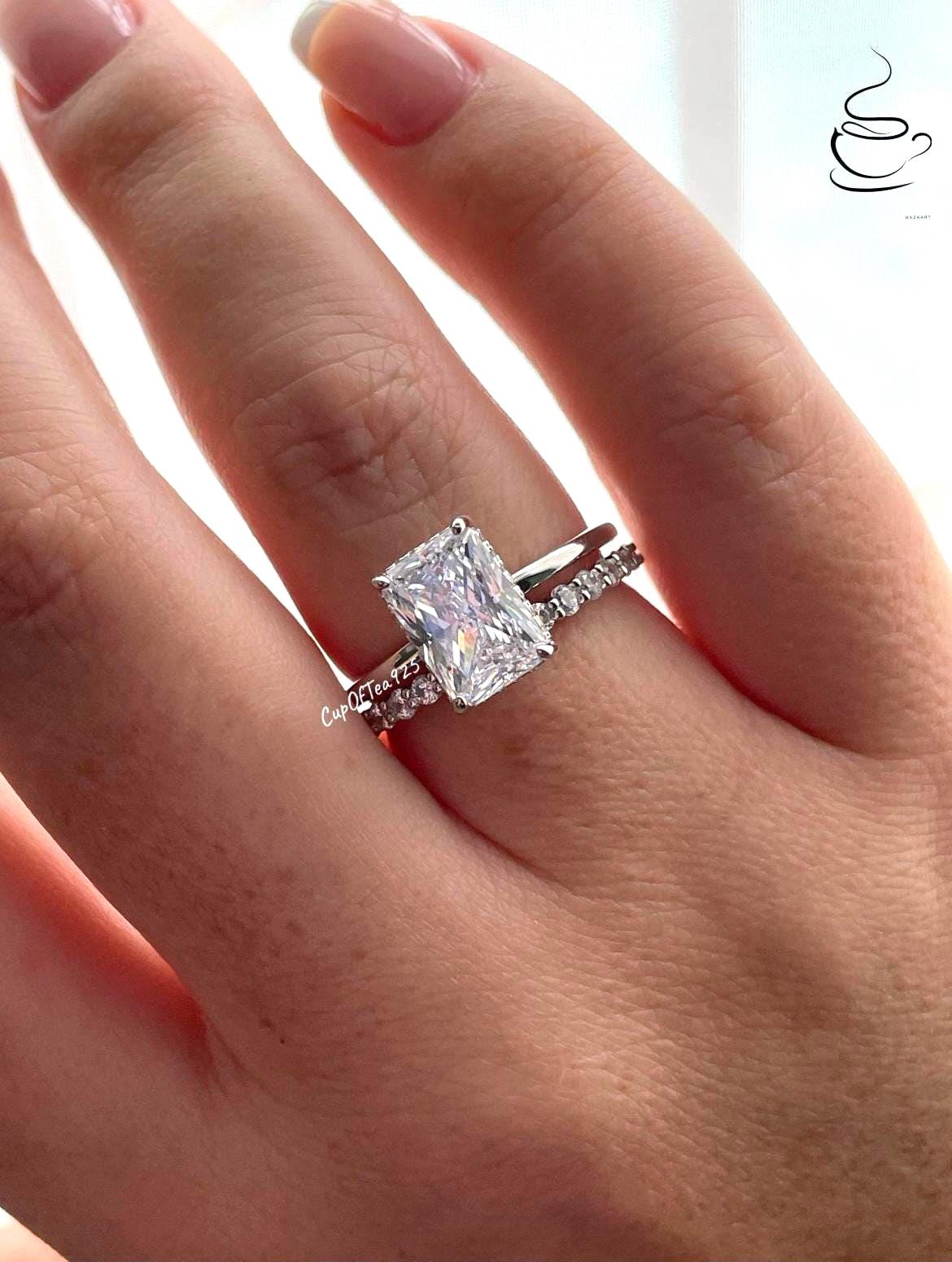 New In! Sterling Silver 925 Bridal Set with 2CT or 3CT CZ Radiant Cut engagement ring with hidden halo and half eternity band.