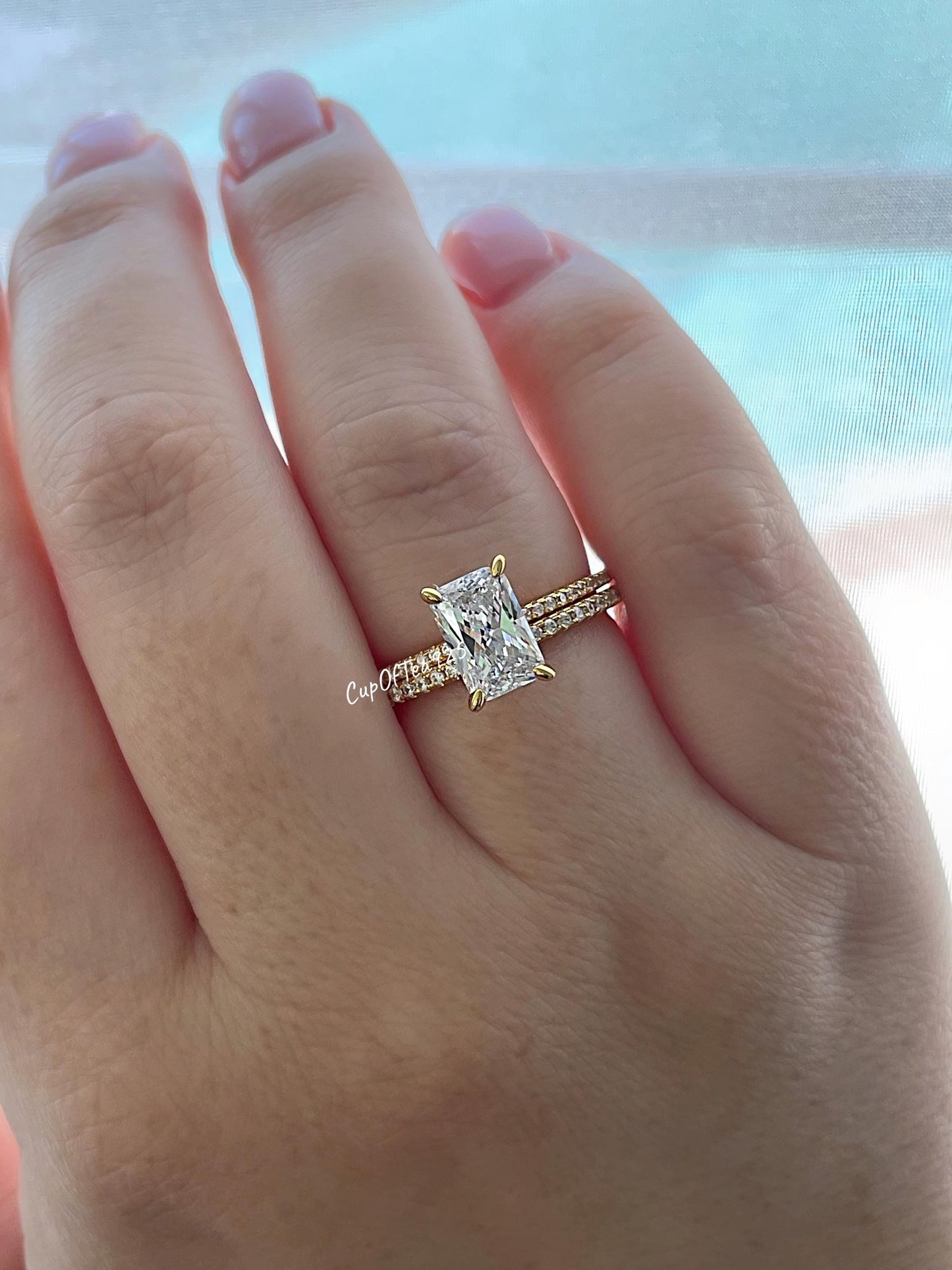 Yellow Gold Vermeil, Sterling Silver 925 Bridal Set with 2.2CT Radiant Cut engagement ring with hidden halo and full eternity band