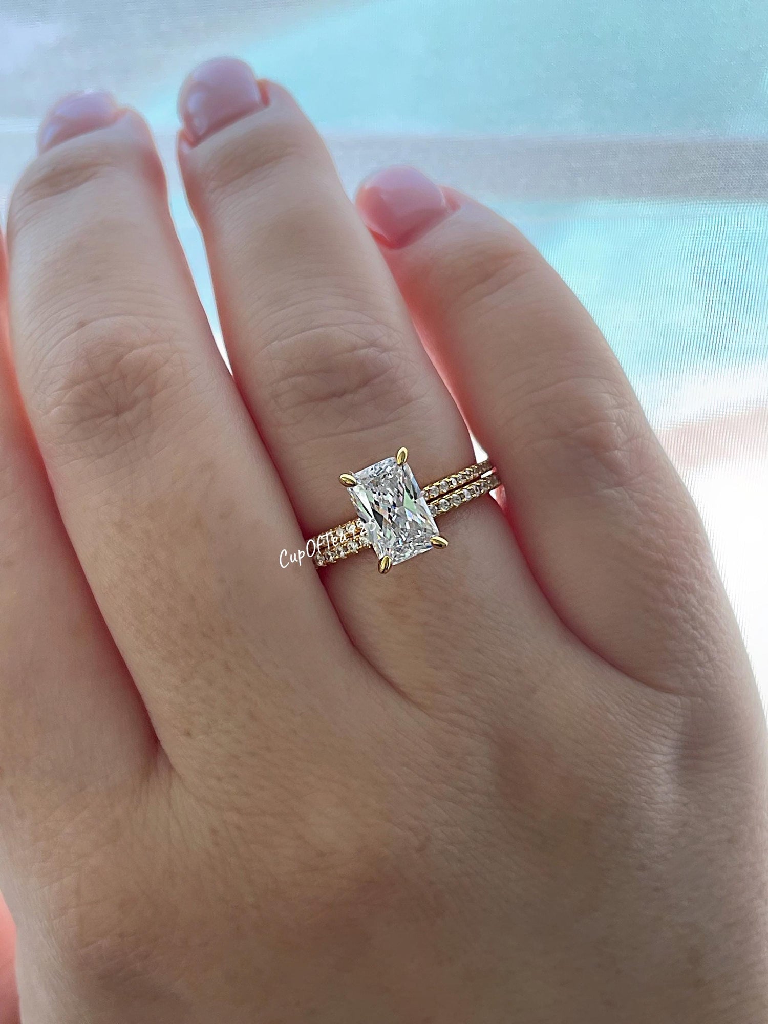 Yellow Gold Vermeil, Sterling Silver 925 Bridal Set with 2.2CT Radiant Cut engagement ring with hidden halo and full eternity band