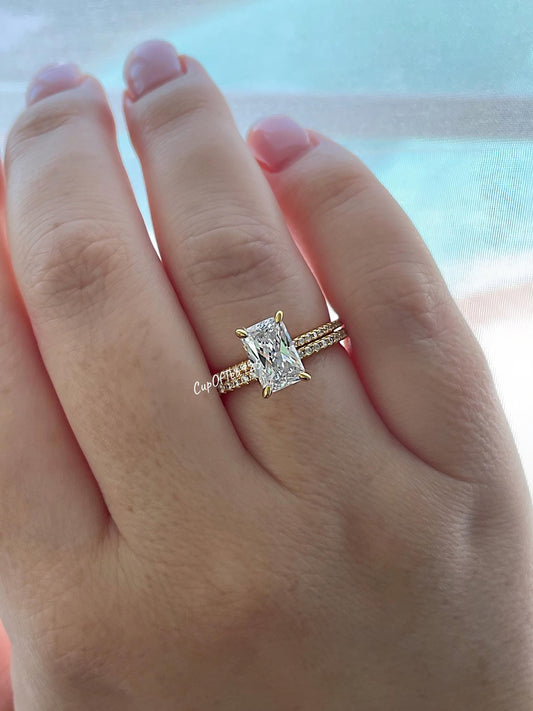 Yellow Gold Vermeil, Sterling Silver 925 Bridal Set with 2.2CT Radiant Cut engagement ring with hidden halo and full eternity band