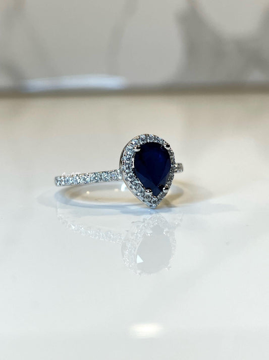 Sapphire ring. Sterling Silver 925 engagement ring with 1.2CT Pear Shaped Blue Sapphire, September Birthstone