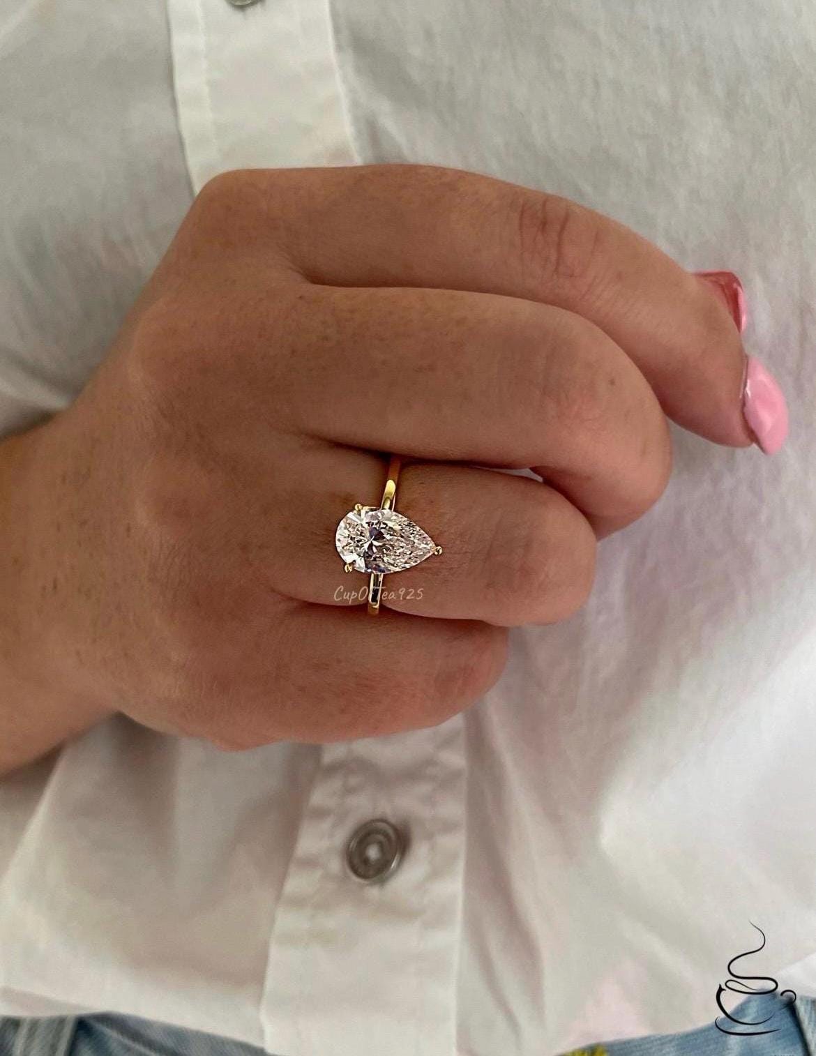 Moissanite engagement ring. Sterling Silver 925, 10K, 14K engagement ring with 2CT 4CT pear shaped moissanite, tear drop moissanite ring