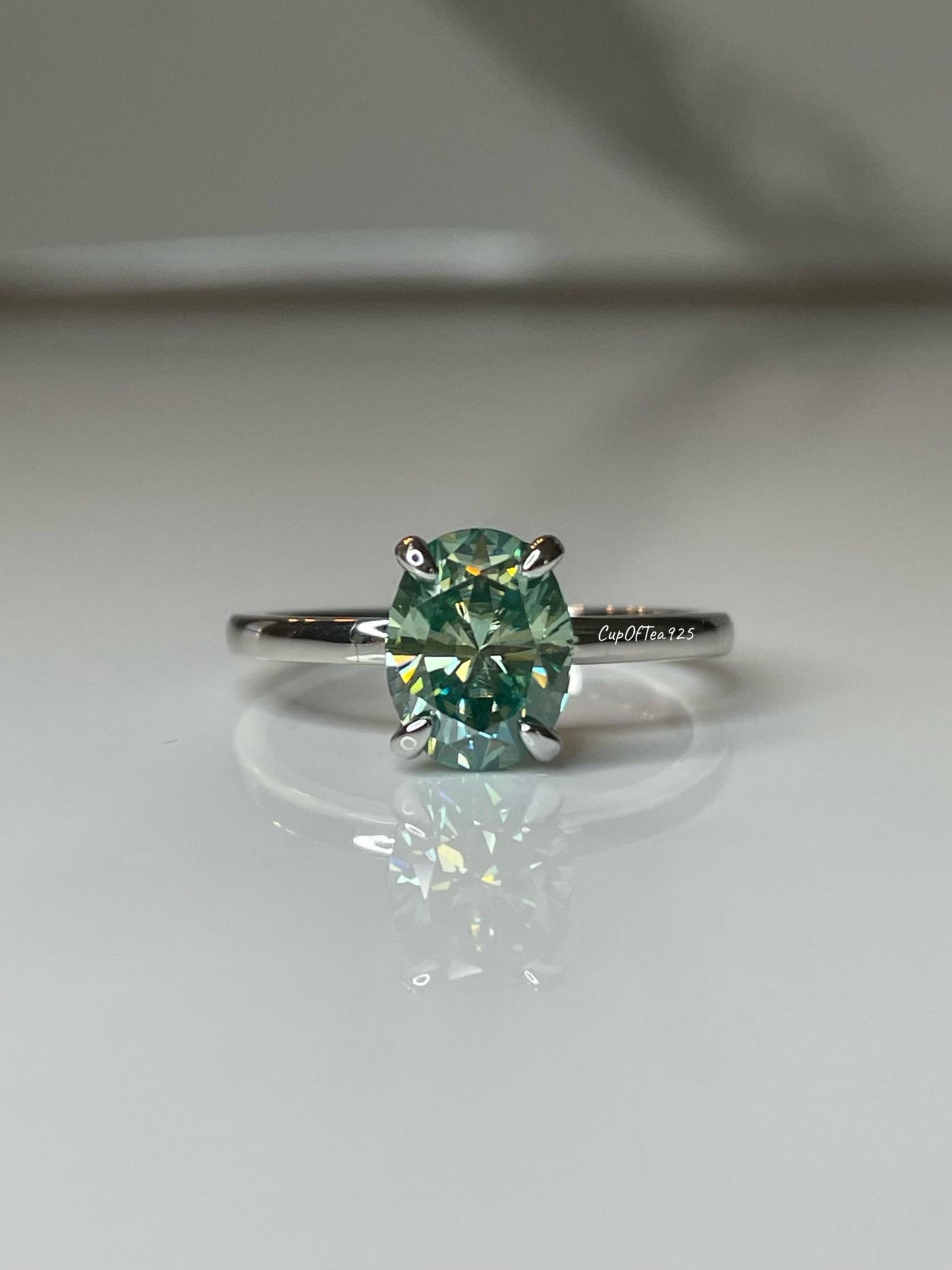 Blue-Green Moissanite Engagement Ring: Sterling Silver Hidden Halo