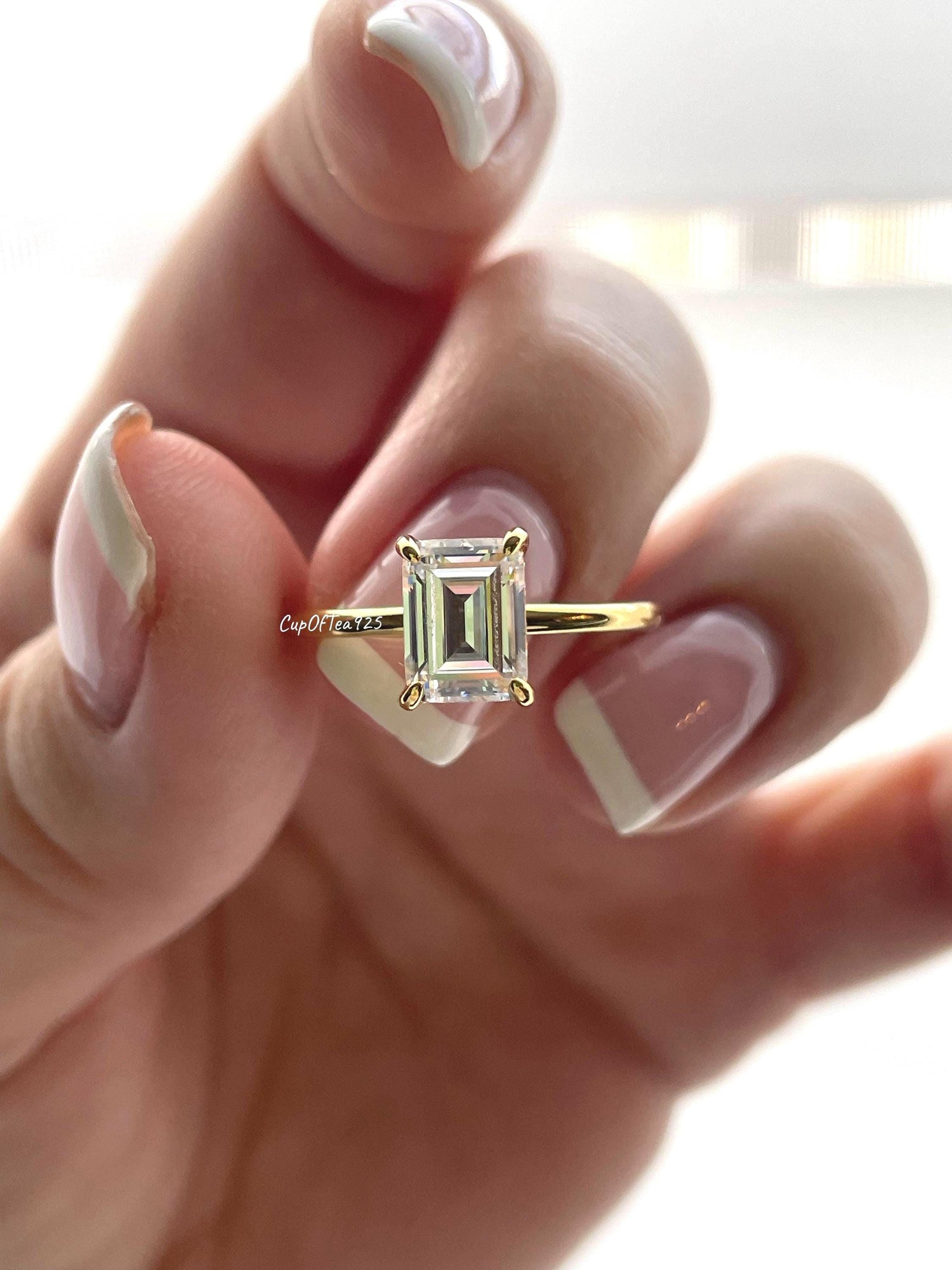 2CT Emerald cut engagement ring in sterling silver 925, yellow gold vermeil with CZ simulated diamond, promise ring