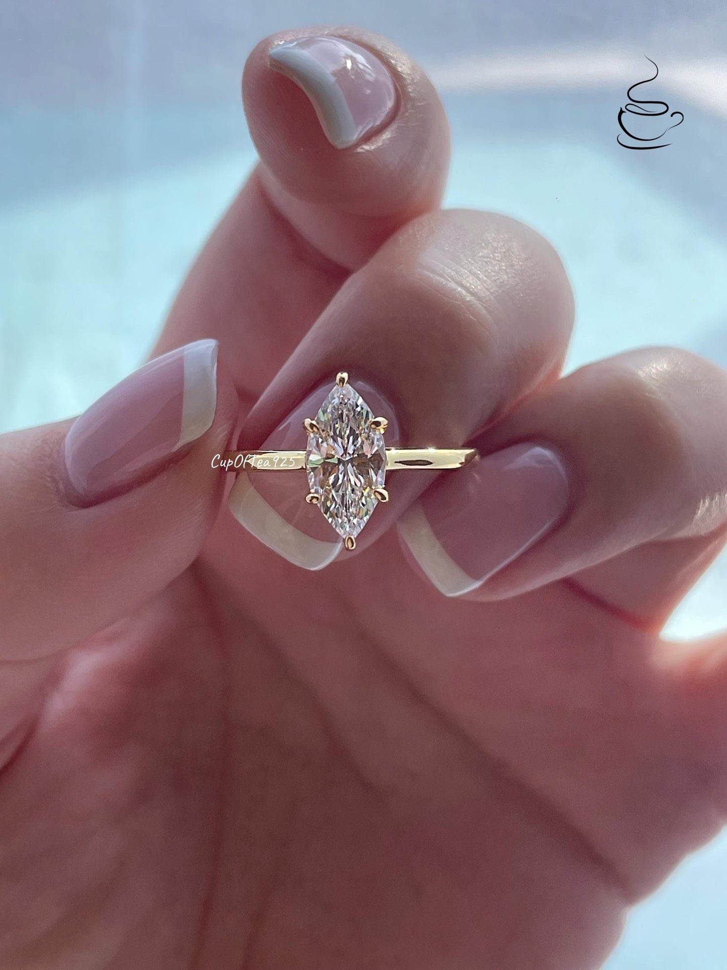 Marquise Cut CZ Diamond Engagement Ring: Sterling Silver, Gold Rose gold Vermeil