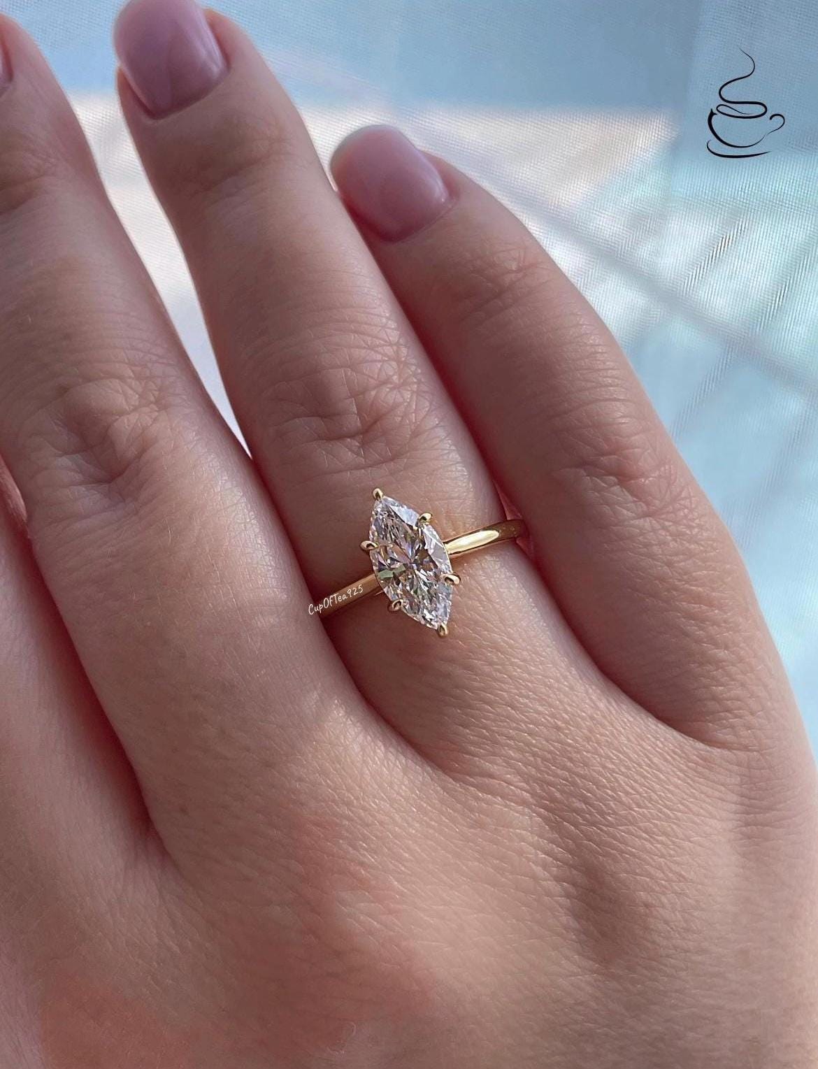 1.5CT, 2CT Marquise cut moissanite engagement ring. Sterling Silver 925, Yellow gold vermeil, rose gold engagement ring with marquise cut