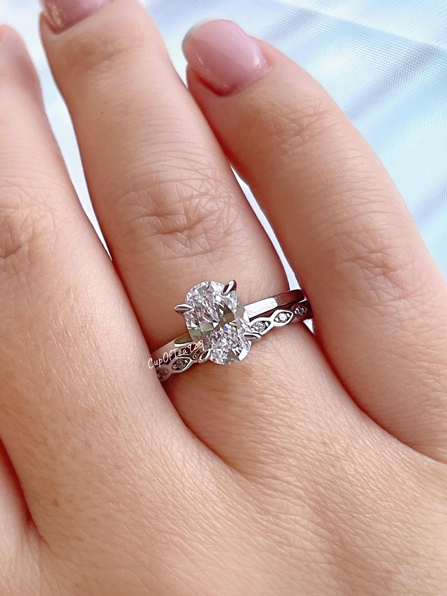 Rose Gold, yellow gold Vermeil Oval CZ Engagement Ring Set, Sterling Silver Hidden Halo