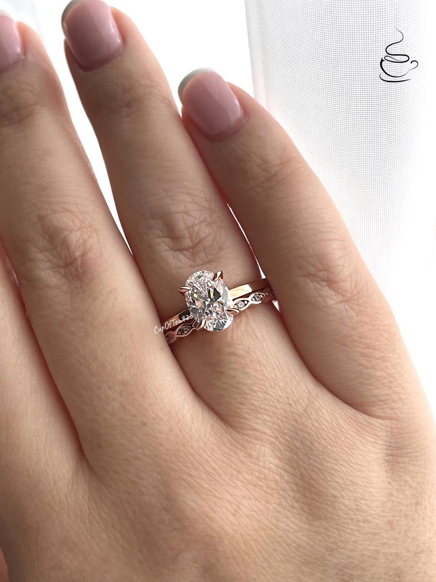Oval Cut CZ Sterling Silver Engagement Ring Set: Hidden Halo, Eternity Band