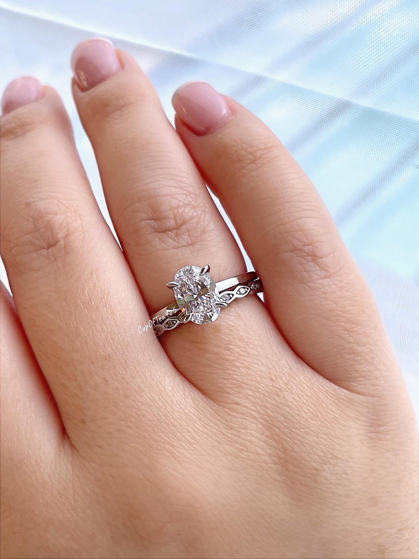 Oval Cut CZ Sterling Silver Engagement Ring Set: Hidden Halo, Eternity Band