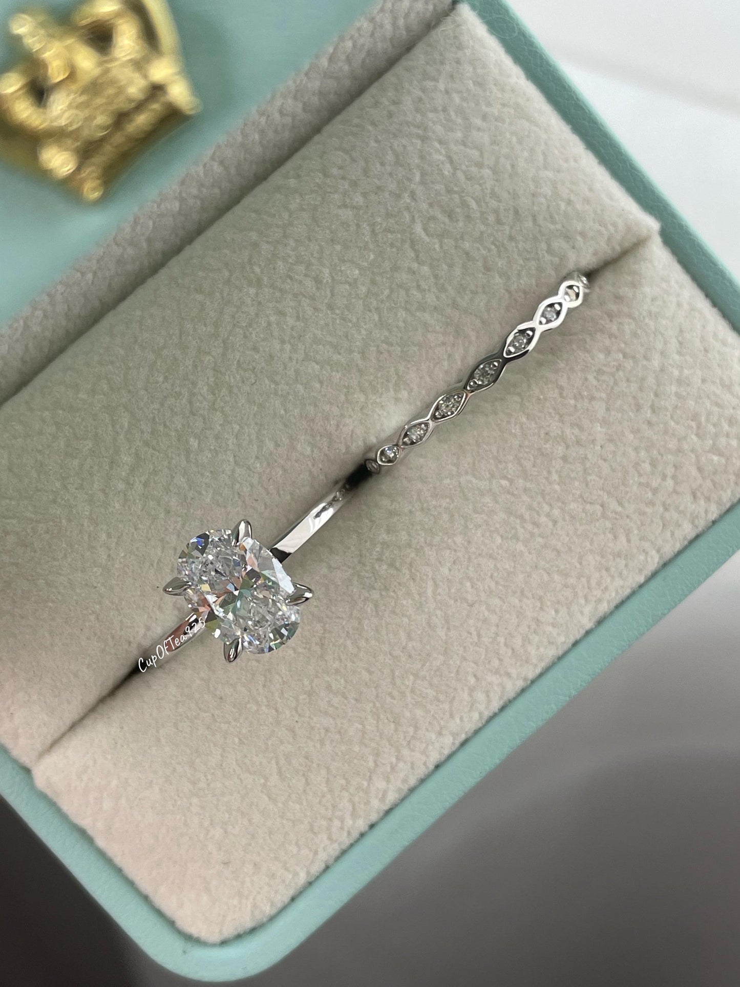 Oval Cut CZ Sterling Silver Engagement Ring Set: Hidden Halo, Eternity Band