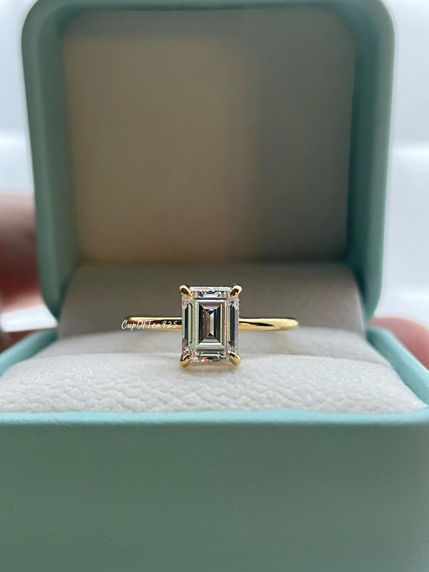 New In! Hidden Halo. Yellow gold over sterling silver 925 engagement ring with 2CT, 3CT emerald cut CZ simulated diamond, dainty band