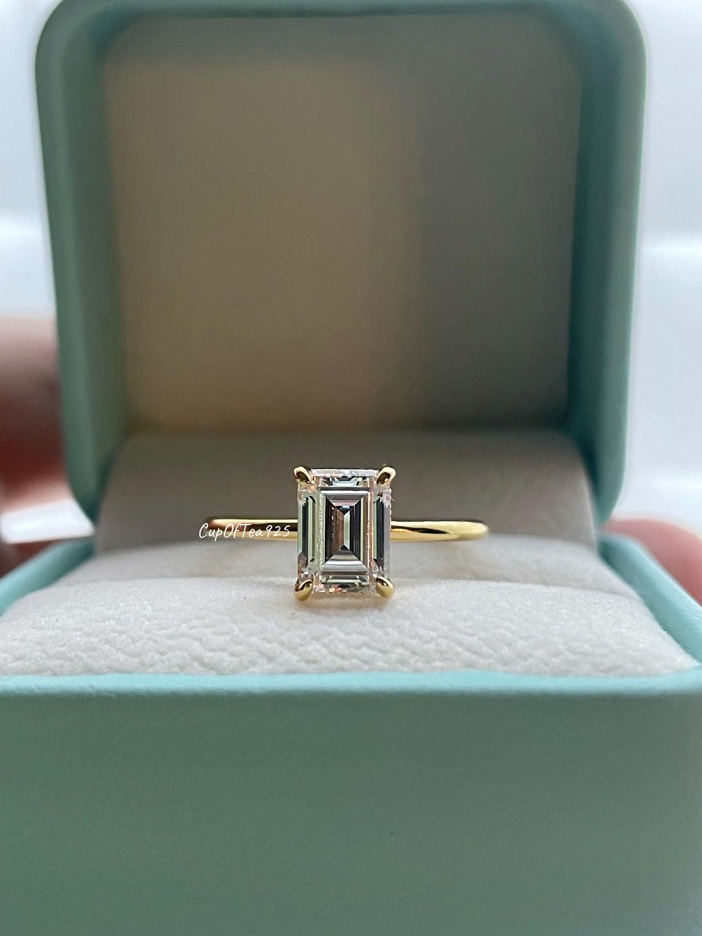 2CT Emerald cut engagement ring in sterling silver 925, yellow gold vermeil with CZ simulated diamond, promise ring