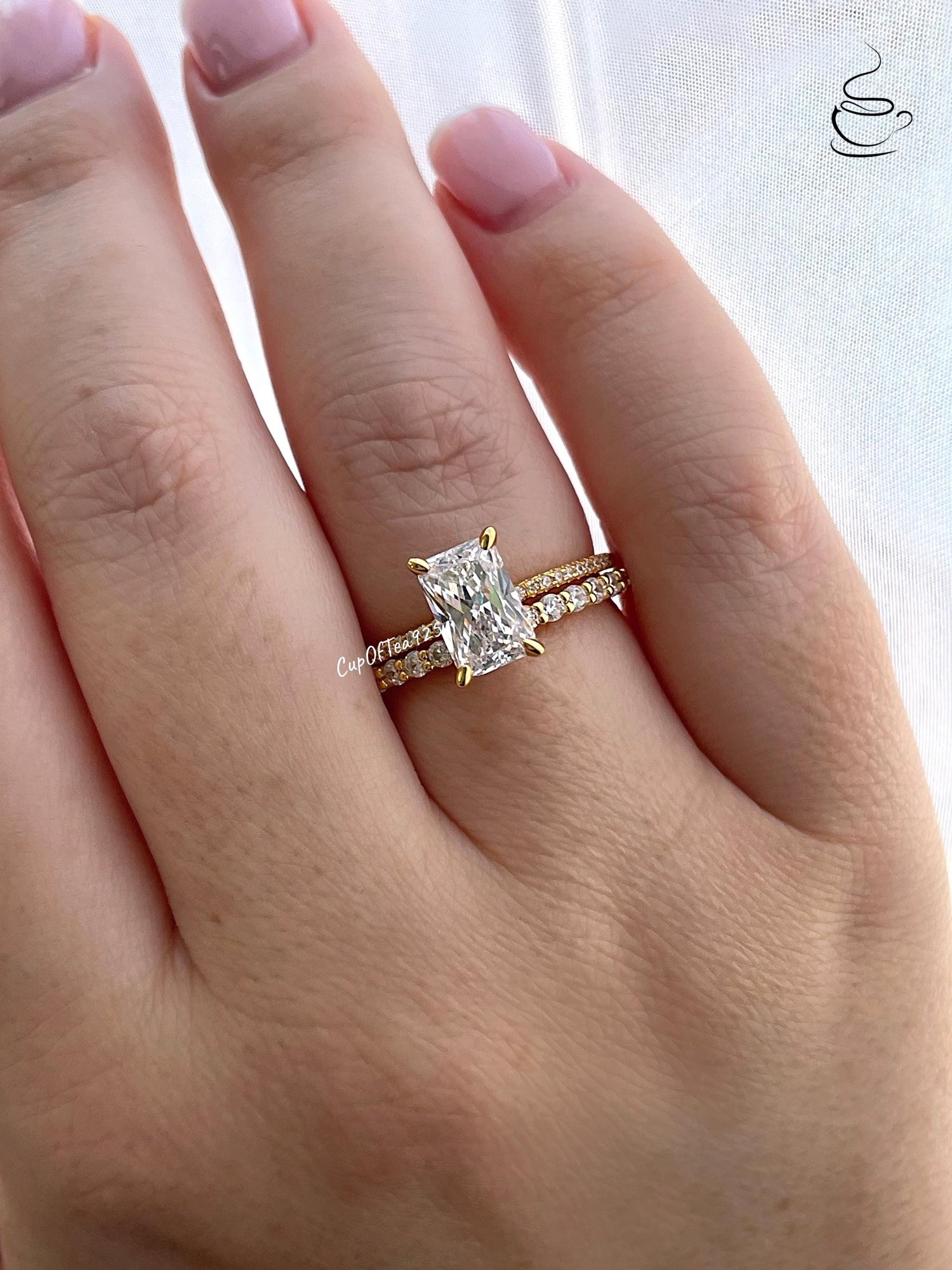 Radiant Cut CZ Engagement Ring Set: Sterling Silver, Yellow Gold Vermeil, Hidden Halo