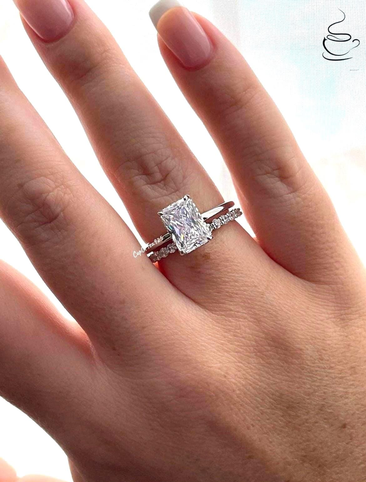 New In! Sterling Silver 925 Bridal Set with 2CT or 3CT CZ Radiant Cut engagement ring with hidden halo and half eternity band.