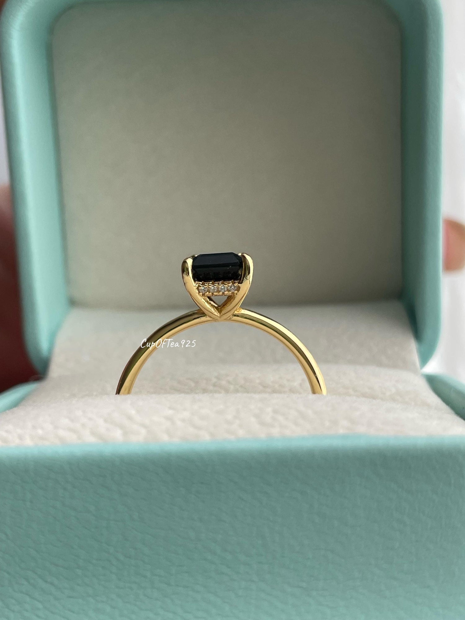 Emerald Cut Black Onyx Ring, Yellow Gold vermeil Ring with hidden halo, rose gold black onyx ring