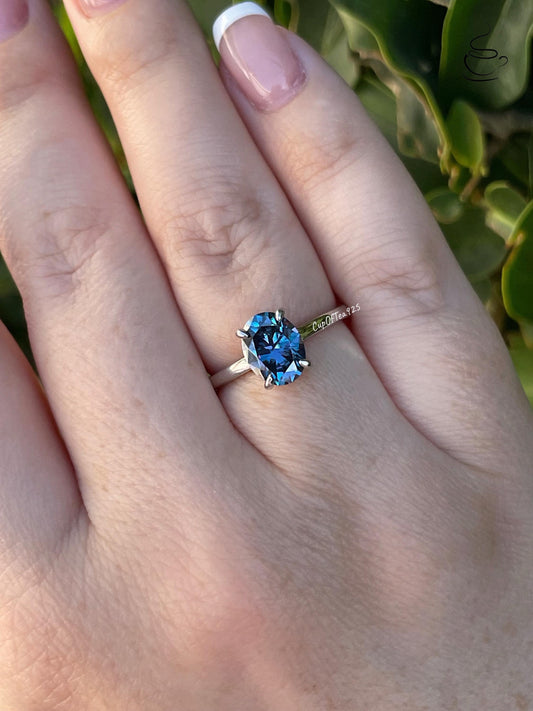 2CT London Blue Moissanite Engagement Ring: Sterling Silver Hidden Halo