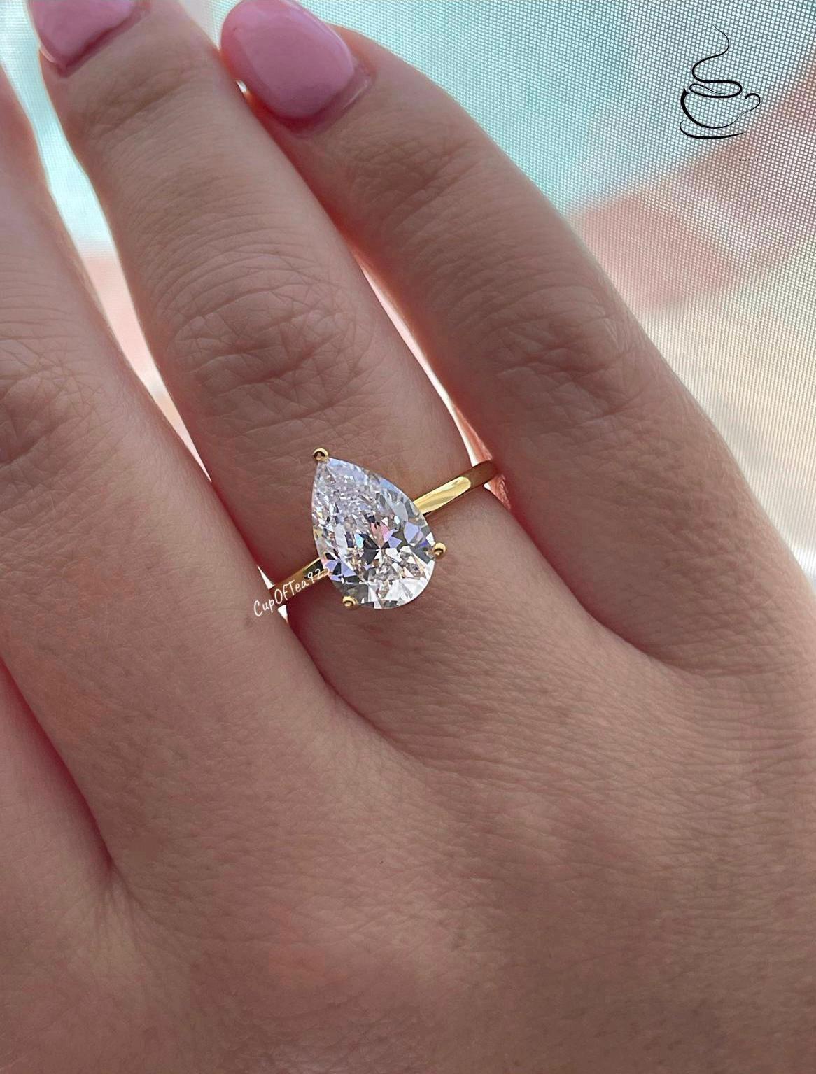 Moissanite engagement ring. Sterling Silver 925, 10K, 14K engagement ring with 2CT 4CT pear shaped moissanite, tear drop moissanite ring