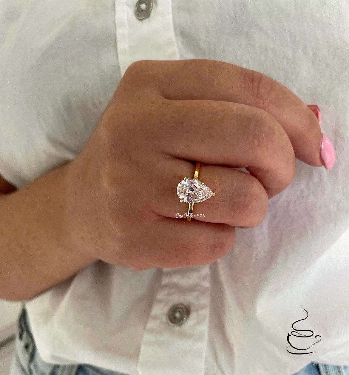 Moissanite engagement ring. Sterling Silver 925, 10K, 14K engagement ring with 2CT 4CT pear shaped moissanite, tear drop moissanite ring