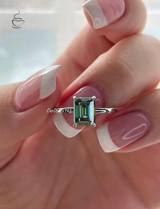 Emerald Cut Green Moissanite Solitaire Engagement Ring, Sterling Silver