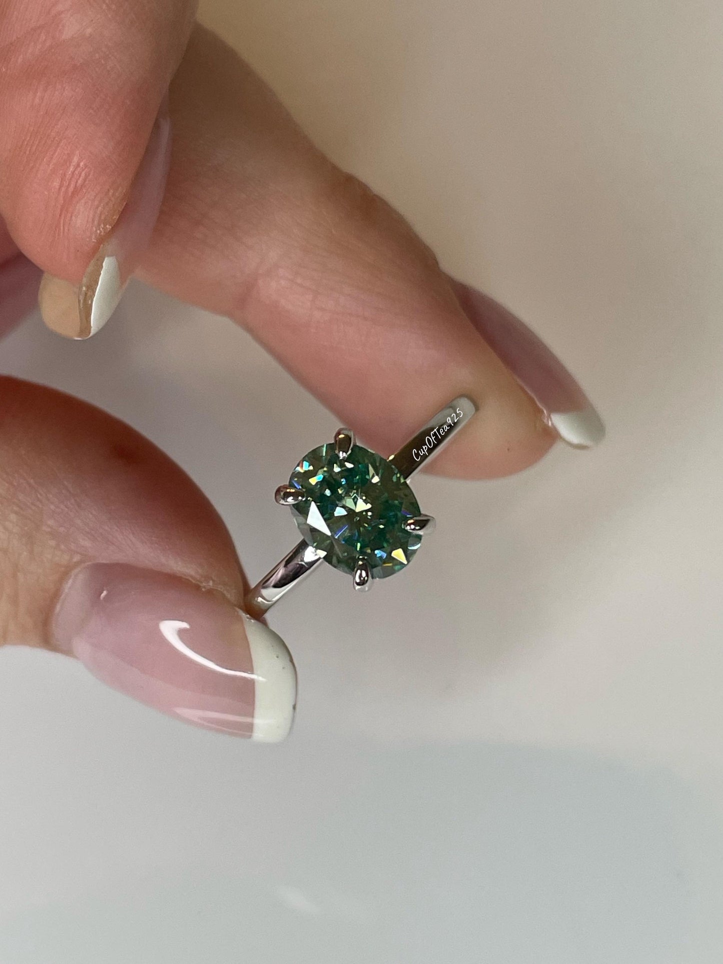 Blue-Green Moissanite Engagement Ring: Sterling Silver Hidden Halo