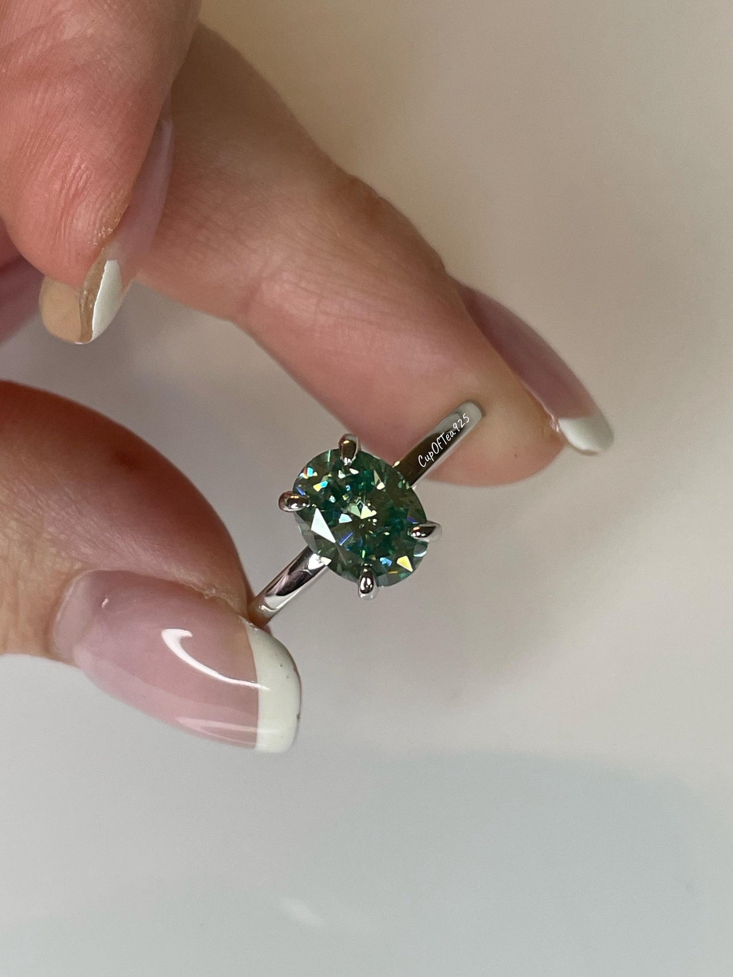 Blue-Green Moissanite Engagement Ring: Sterling Silver Hidden Halo