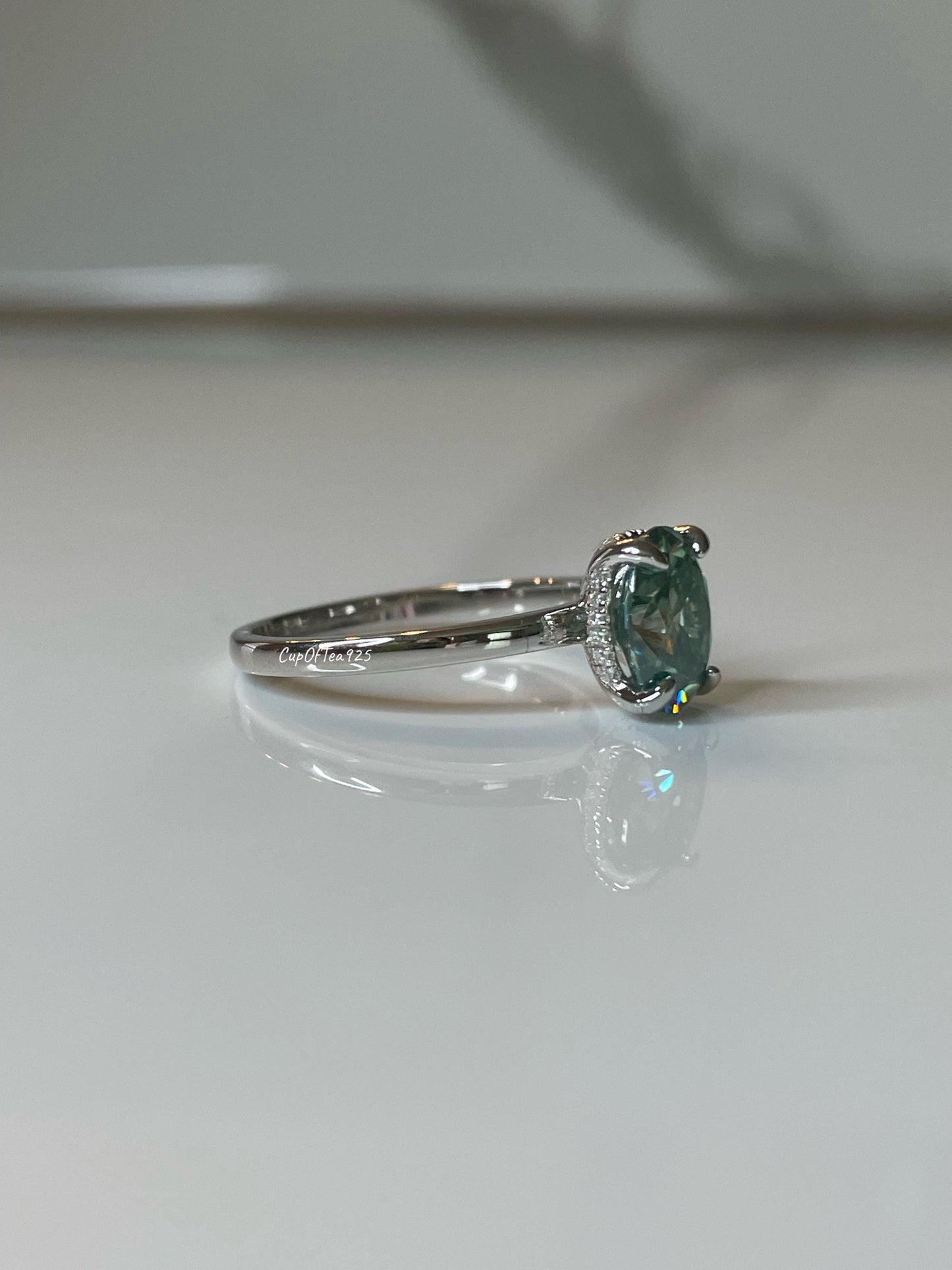 Blue-Green Moissanite Engagement Ring: Sterling Silver Hidden Halo