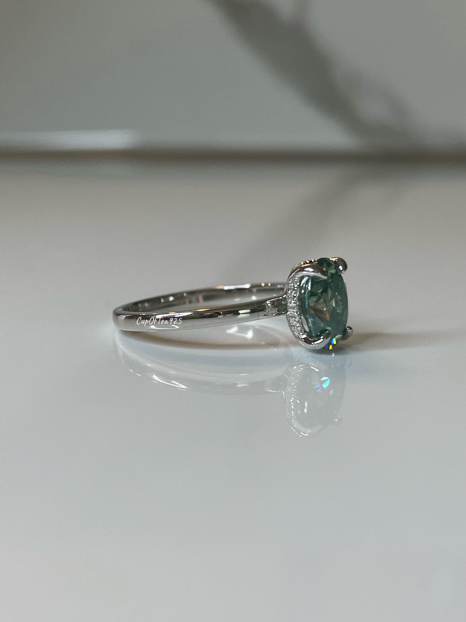 Blue-Green Moissanite Engagement Ring: Sterling Silver Hidden Halo