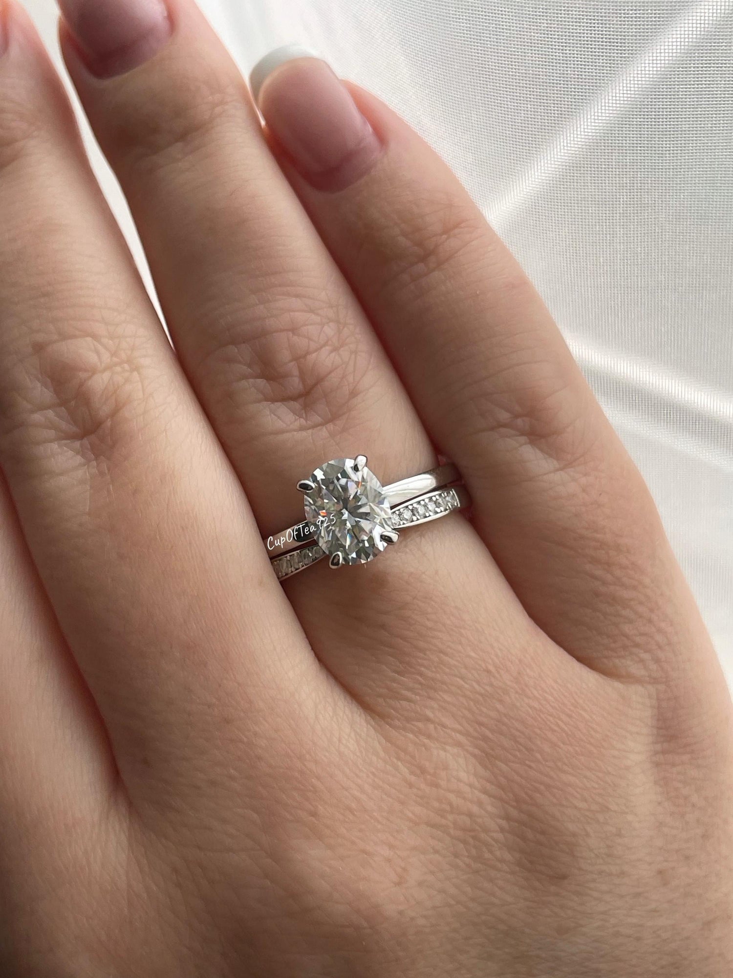 Moissanite engagement ring set. Sterling Silver 925 bridal set with 2CT oval cut moissanite or CZ solitaire and curved moisanite band.