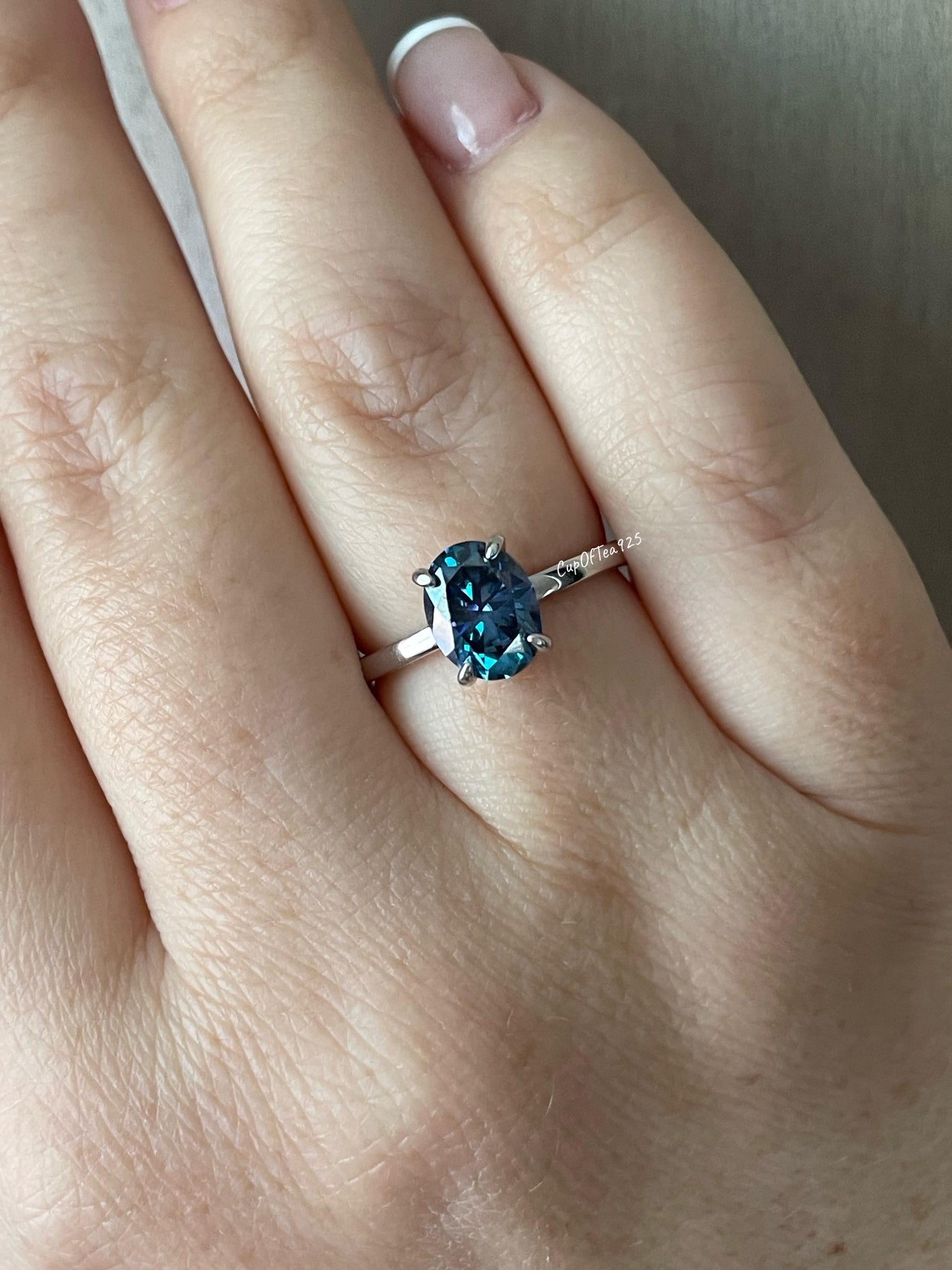 2CT London Blue Moissanite Engagement Ring: Sterling Silver Hidden Halo