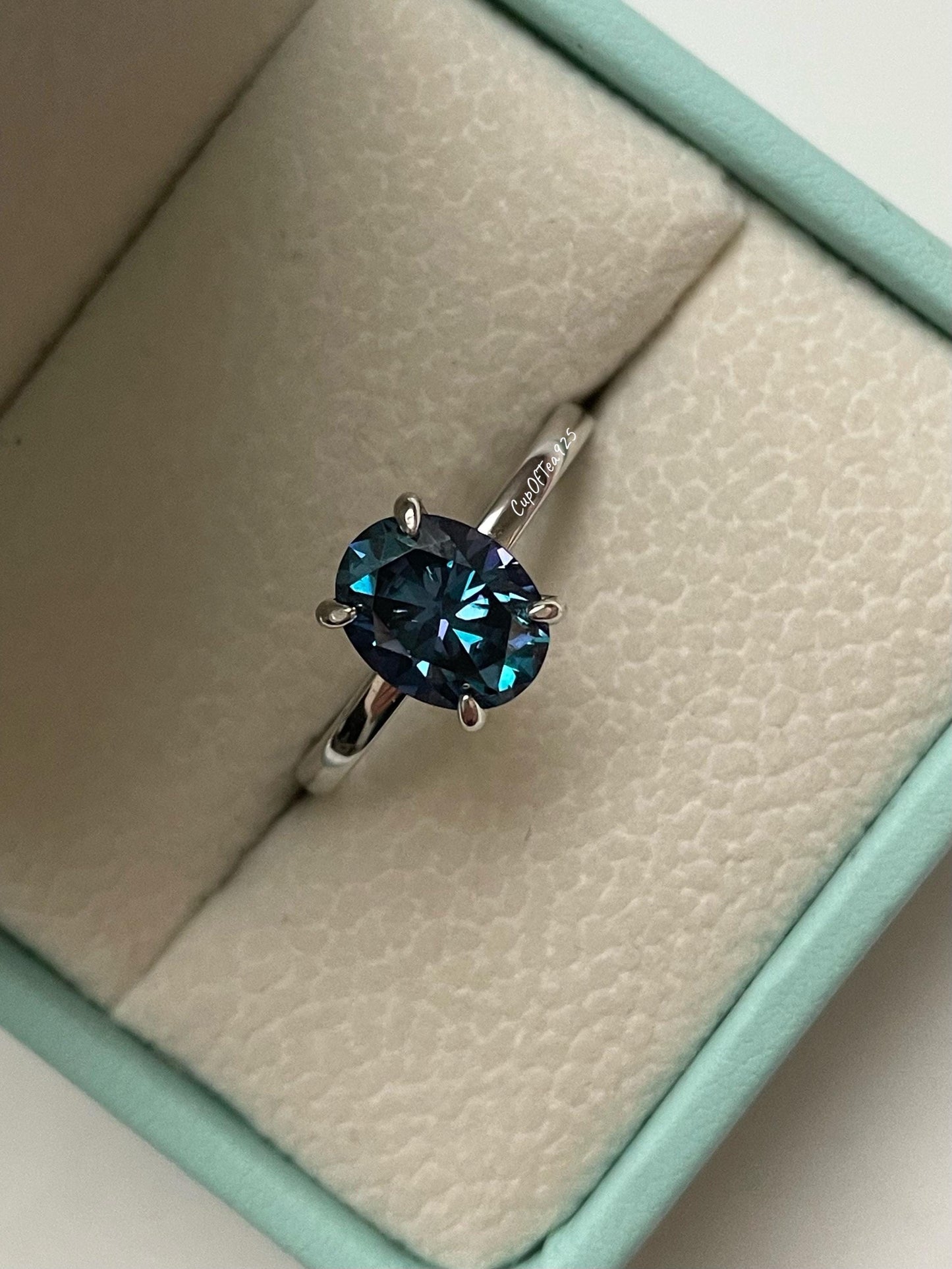 2CT London Blue Moissanite Engagement Ring: Sterling Silver Hidden Halo