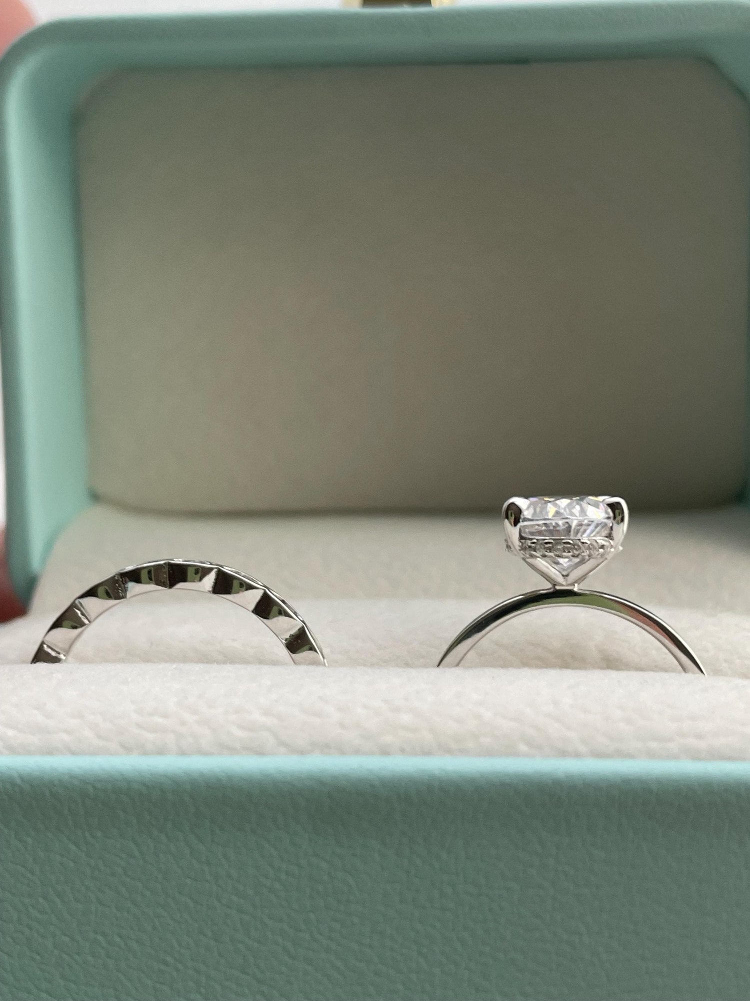 Oval Cut CZ Sterling Silver Engagement Ring Set: Hidden Halo, Eternity Band
