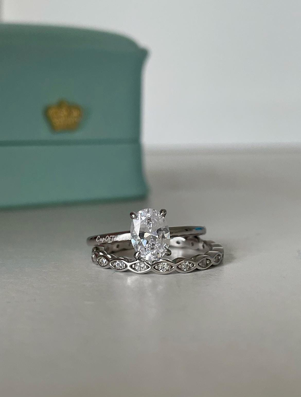 Yellow Gold Vermeil, Rose Gold Vermeil, Sterling Silver 925 bridal set with 1.5CT oval cut Solitare engagement ring and full eternity band