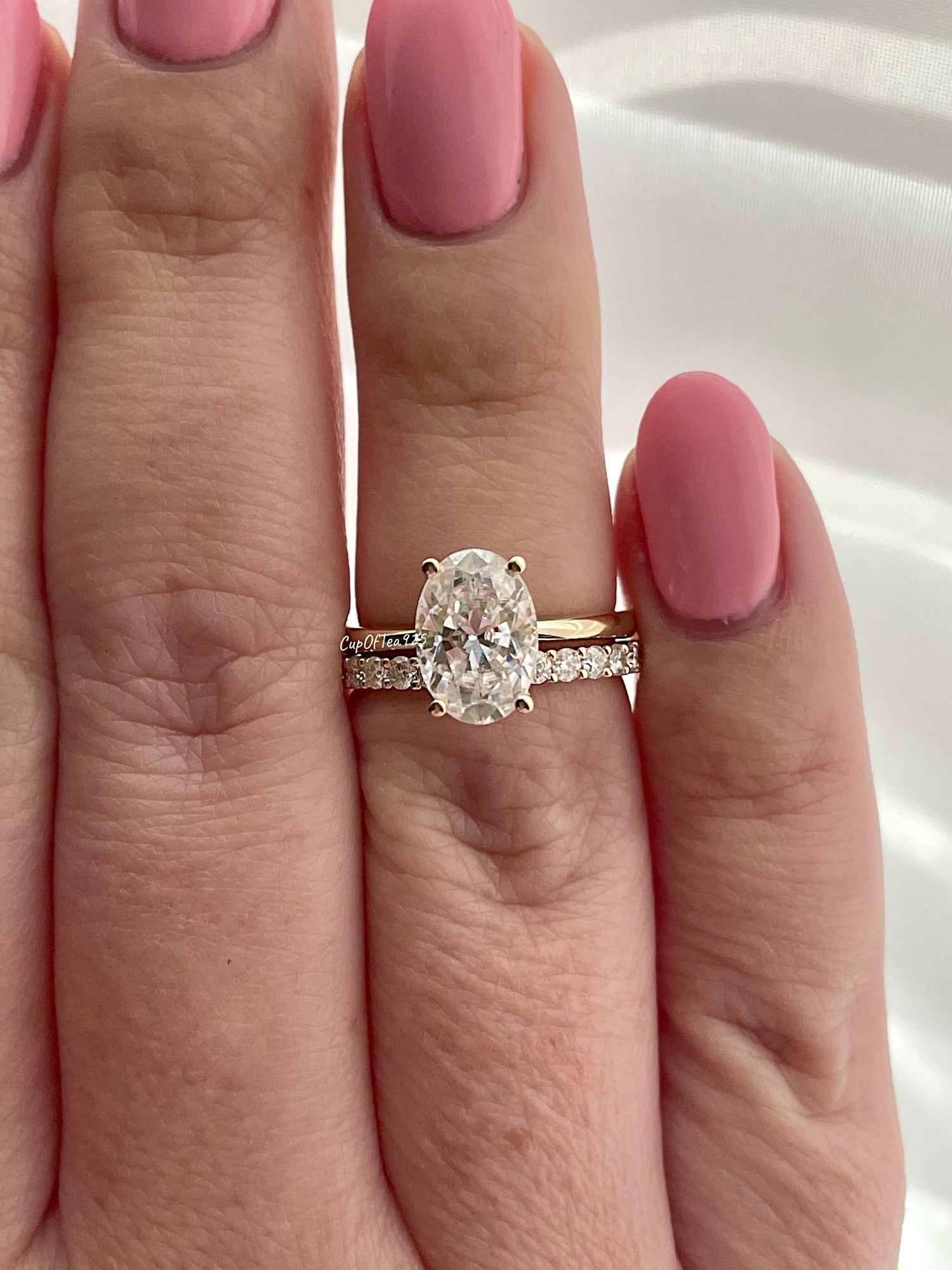 Oval Moissanite Engagement Ring Set, Gold vermeil, Sterling silver 925 Bridal Jewelry