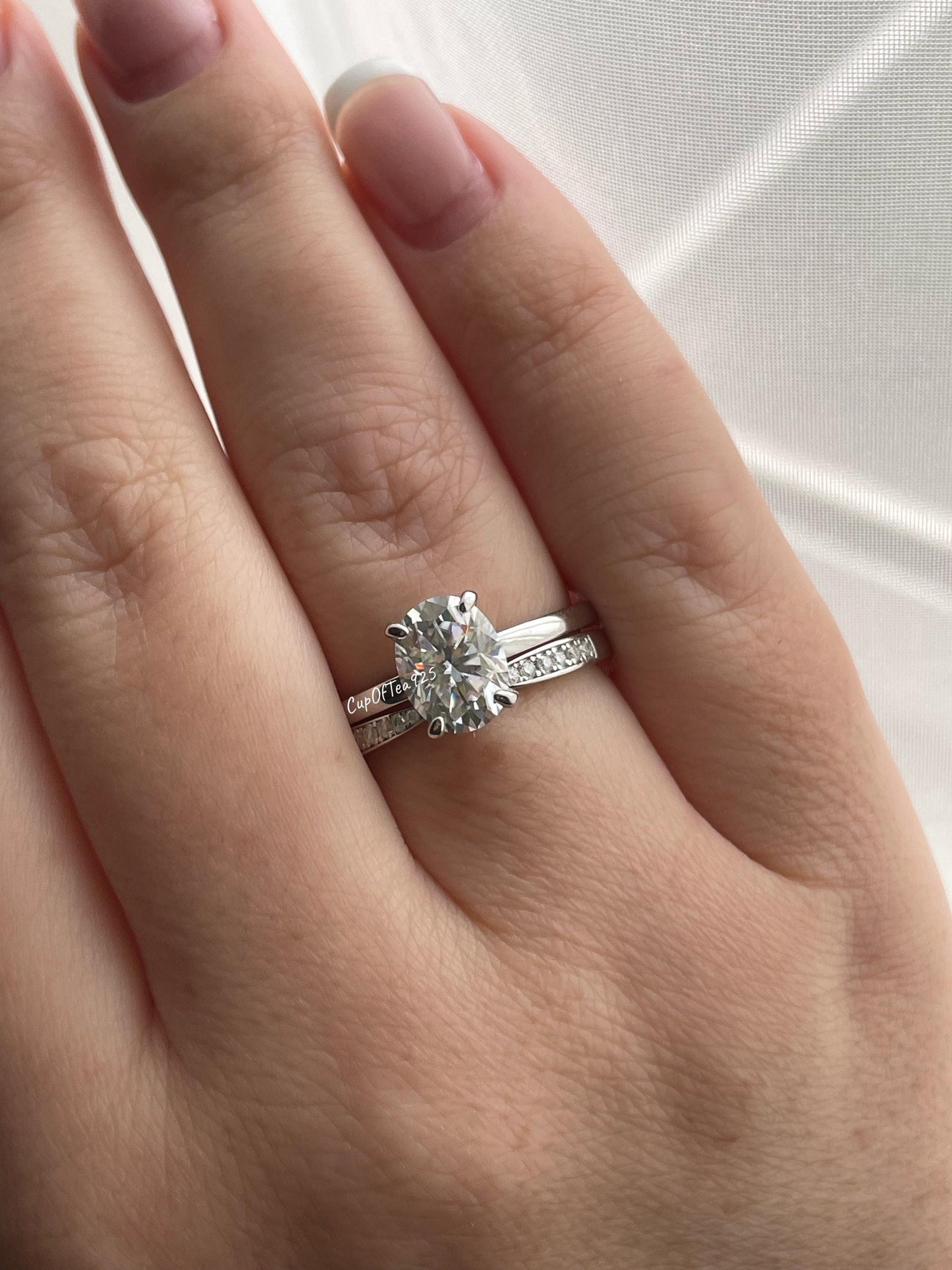 Moissanite engagement ring set with 2CT oval cut and hidden halo with bow tie moissanite wedding band in sterling silver 925
