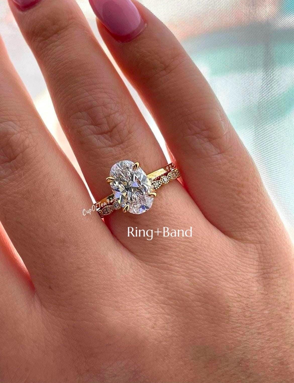 3.5CT Oval Cut Engagement Ring: Yellow Gold Vermeil, Hidden Halo, art deco moisssnite band