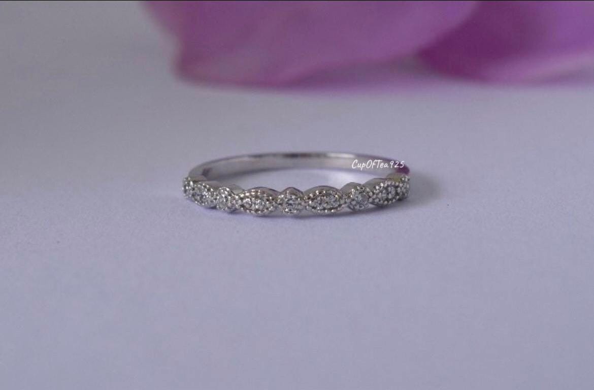 Moissanite Sterling Silver 925 2mm Art Deco Half Eternity Band, Wedding Band, Stacking Ring