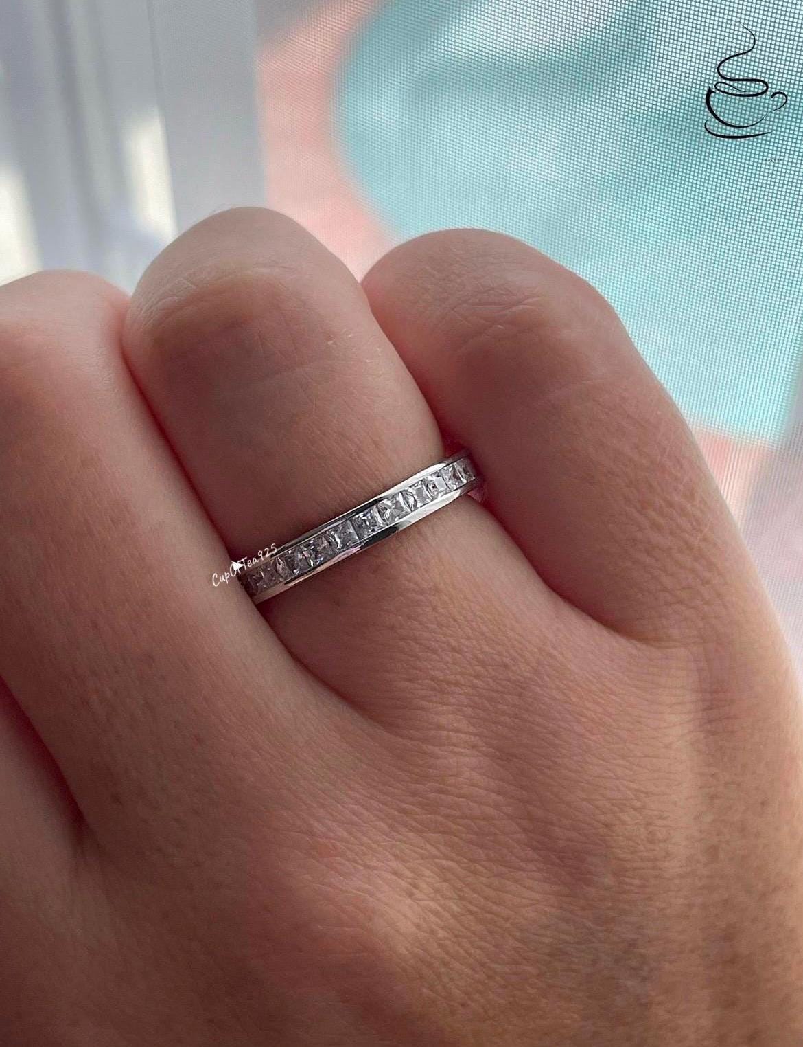 The Victoria. Sterling Silver 925 3mm Full Eternity Band with princess cut 5A CZ Diamonds