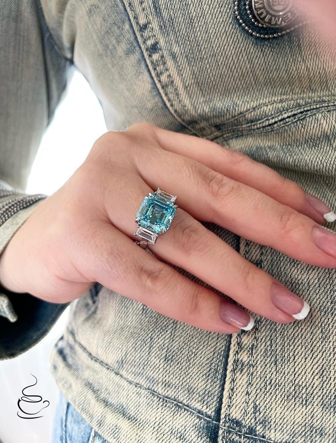 Sterling Silver 925 engagement ring with 7CT Blue Aquamarine Asscher Cut Simulated Diamond