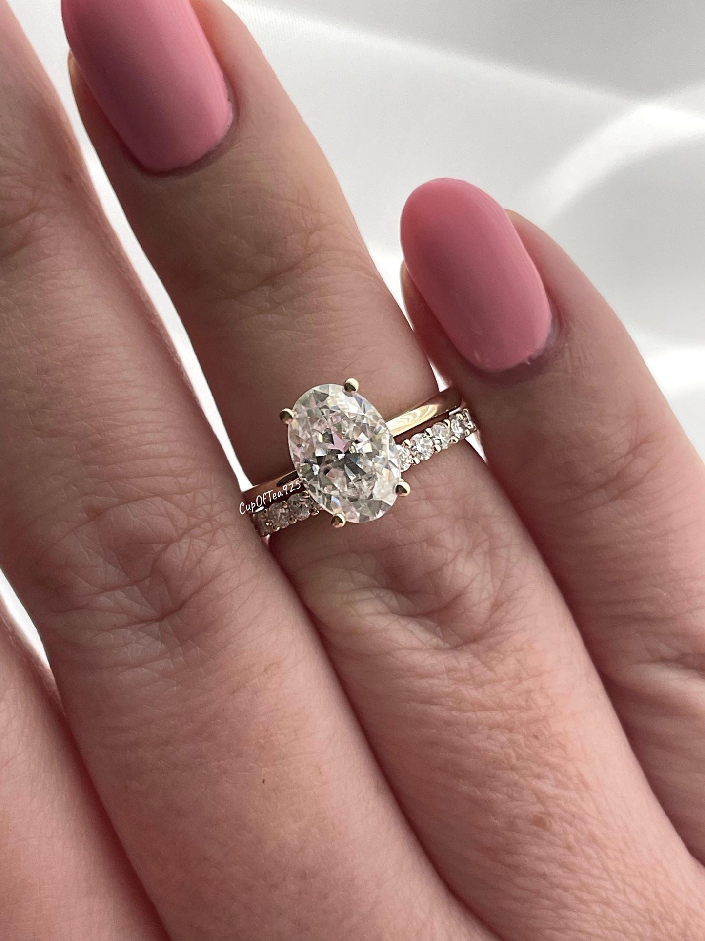 Oval Moissanite Engagement Ring Set, Gold vermeil, Sterling silver 925 Bridal Jewelry